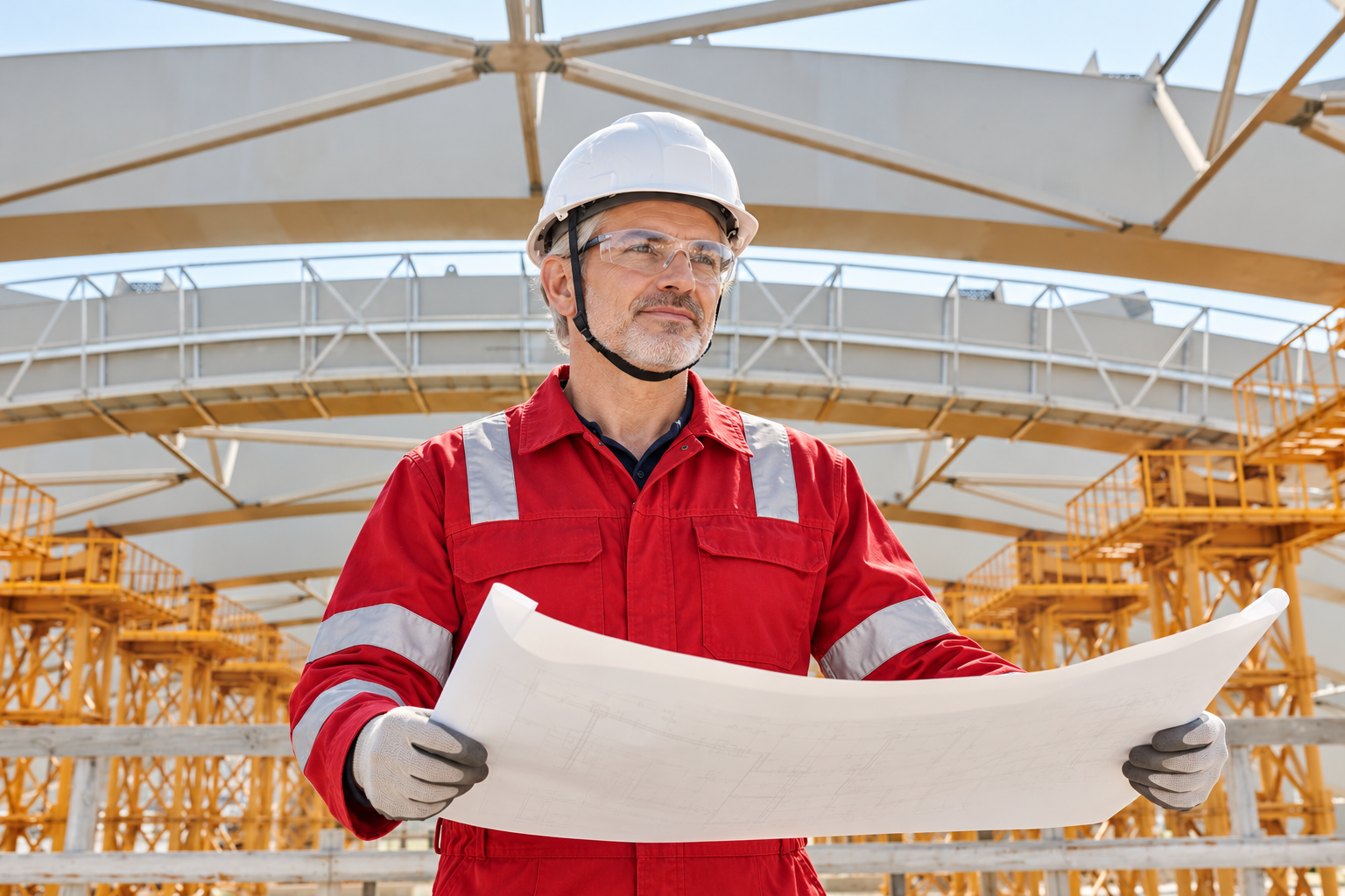 Illustrative AI composite: one construction safety supervisor in red PPE