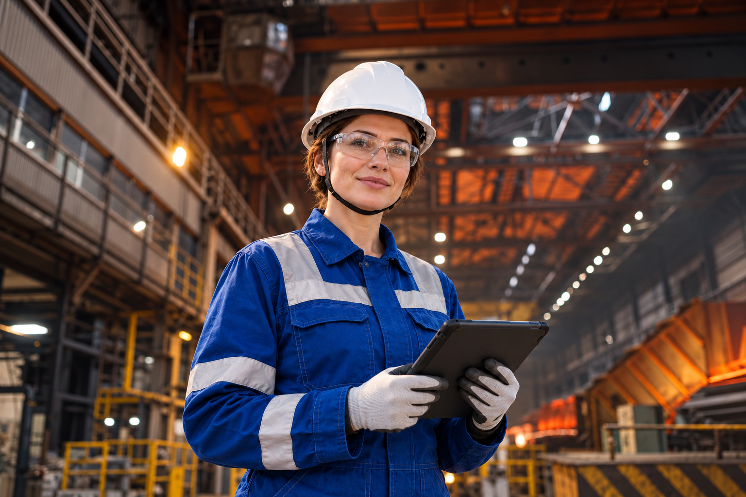 Illustrative AI composite: one HSE manager in royal blue PPE