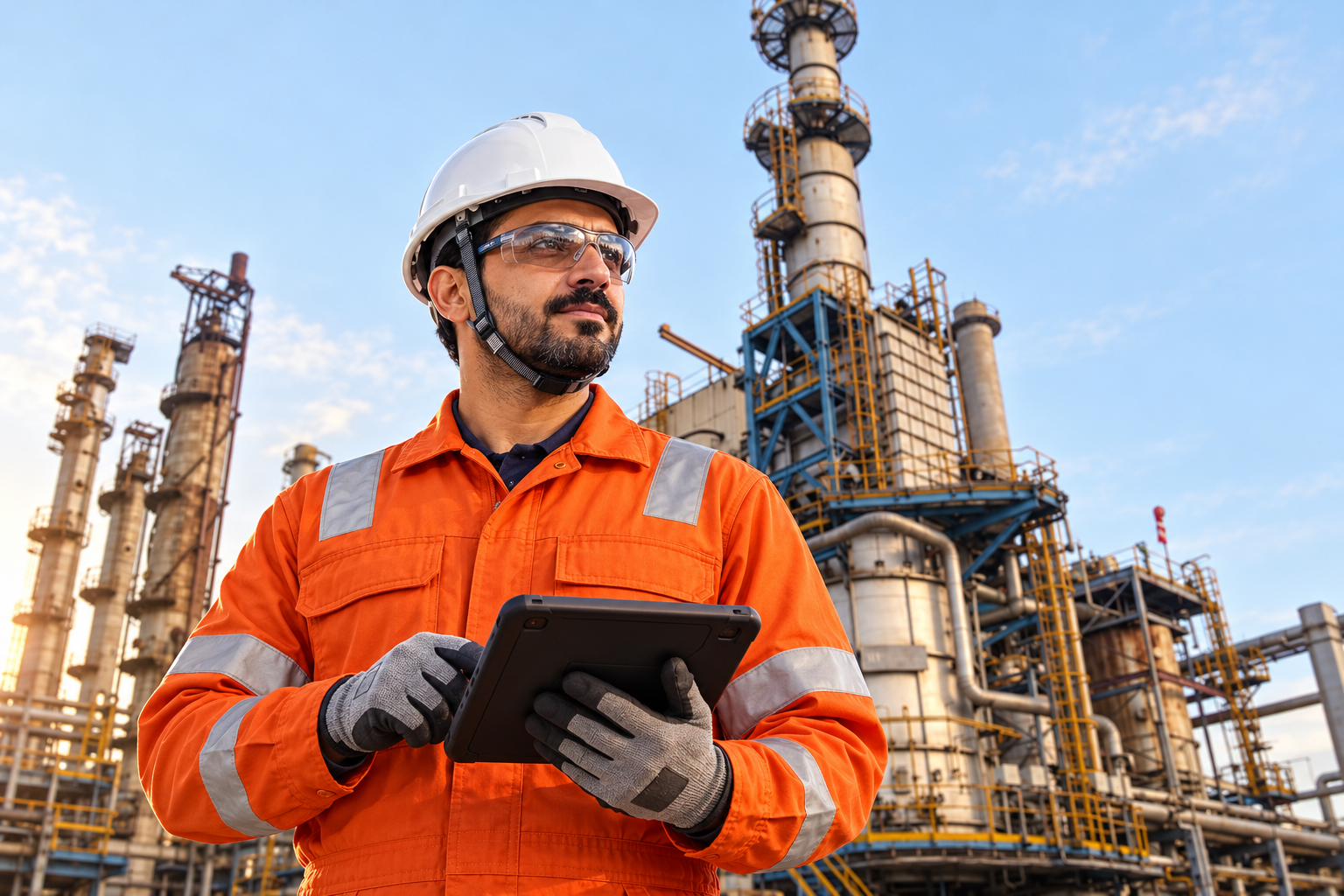 Illustrative AI composite: one safety professional in orange PPE at a refinery