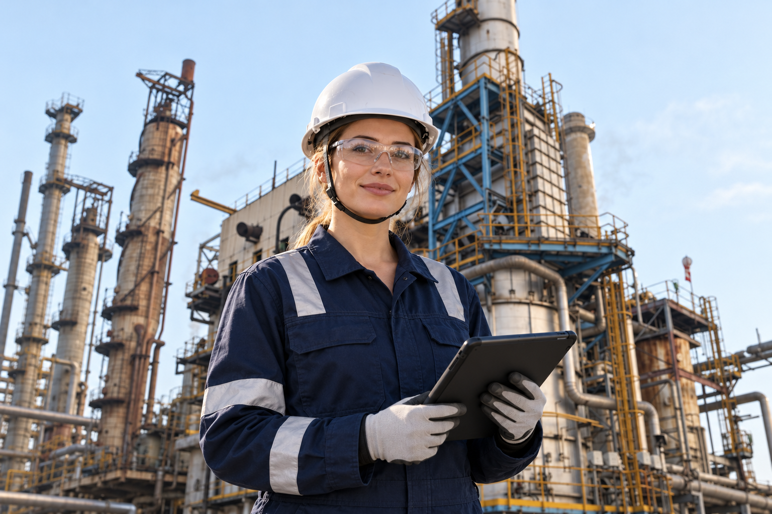 Illustrative AI composite: a female safety advisor in navy PPE against a refinery background