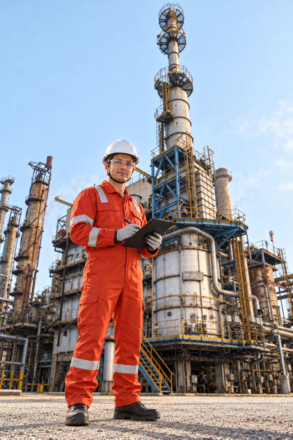Illustrative AI composite: one safety assessor in full PPE with a clipboard at a refinery